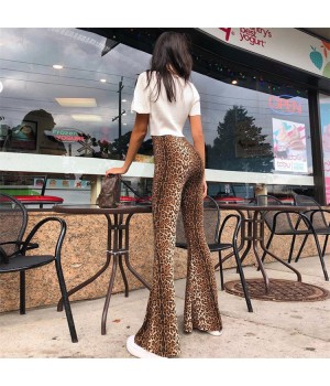 Women Popular Autumn New Elastic High Waist Leopard Print Flare Pants Female Fashion Streetwear Sexy Bodycon Trousers Wholesale