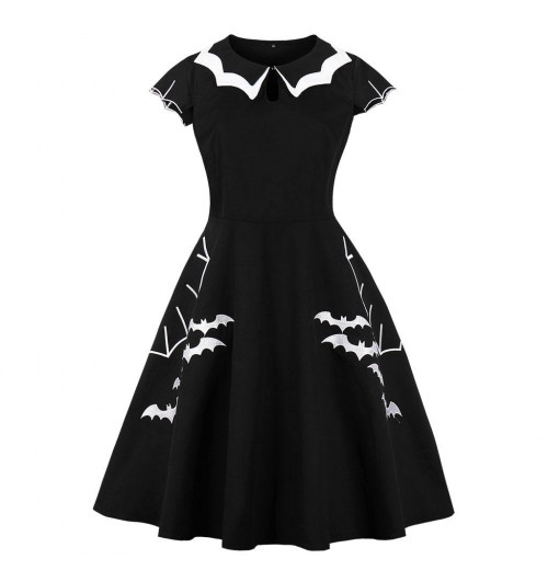 2024 plus size Halloween party short sleeve O-neck bat embroidery A-line big hem midi dress plus size dress for women