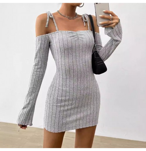 Women's Clothing Adult Lady Like Woman Lightly Mature Strap Sling Dress Autumn And Winter Boat Collar Elegant Slim Fit Skirt