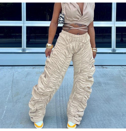 New Streetwear Spring Fall Fashion Elastic Waist Casual Sports Straight Ruffle Pleated Stacked Women'S Pants & Trousers