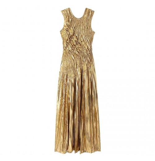 Women 2024 Summer New Fashion Golden Pleated Dress Vintage Casual Chic Female Dresses Vestidos Mujer