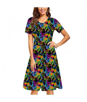 Latest China New Model Women Ladies Colored Draw Printed Maxi Dress Buttery Soft Short Sleeved Casual Dresses