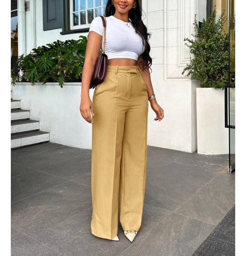 Cotton Summer Solid High-Waisted Skinny Fit Wide Leg Trousers with Elastic Waistband and Flat Front