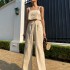 Enyami Fast Shipping Casual Clothes Women Outfits Khaki Cotton Linen Crop Top Wide Legs Trouser Women 2 Pieces Pants Sets