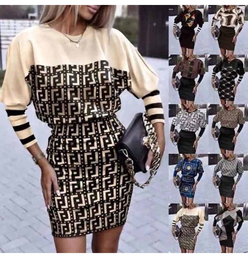 women's clothing fall 2023 elegant Fashionable graphic print waist cinching round neck long sleeve midi dress