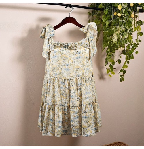 2024 hot sales summer fashion feminine floral ladie's chiffon dress with bow strap boho-chic loose women's dress